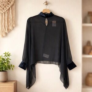 G by Giuliana Black Label Black Sheer Chiffon Velvet Trim Poncho Blouse XS/S NEW